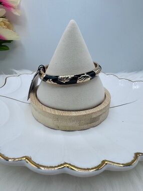 Black & Gold Hinged Bangle Bracelet | Enamel Accent